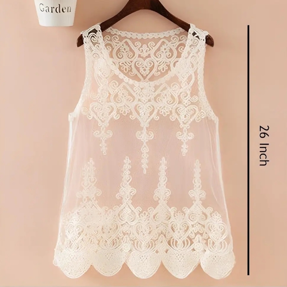 Ooh La La Sheer Lace Embroided White Tank Top - S - Picture 2 of 8